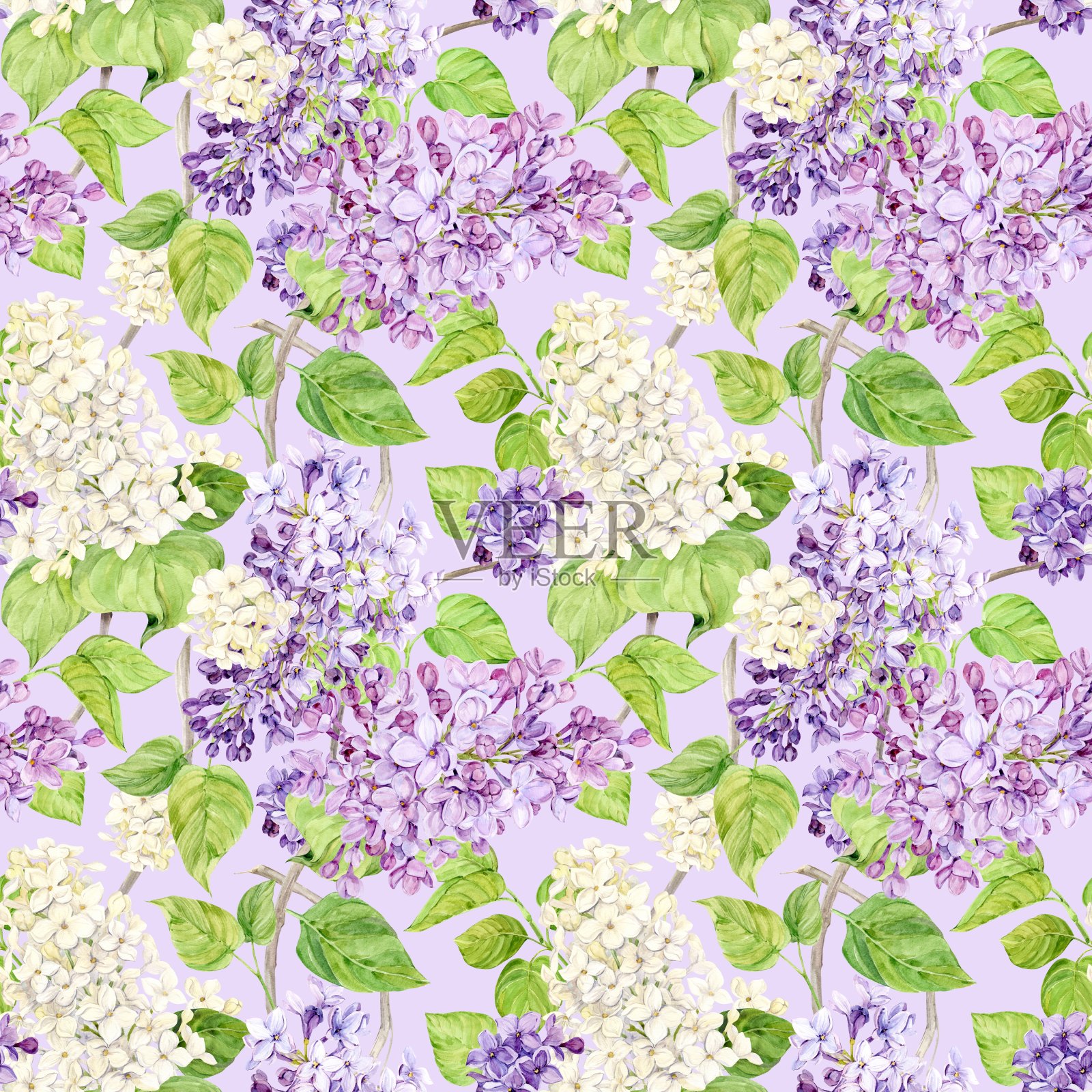 水彩背景与丁香。天衣无缝的春花图案。植物手绘插图织物，纺织品，墙纸，包装纸。插画图片素材