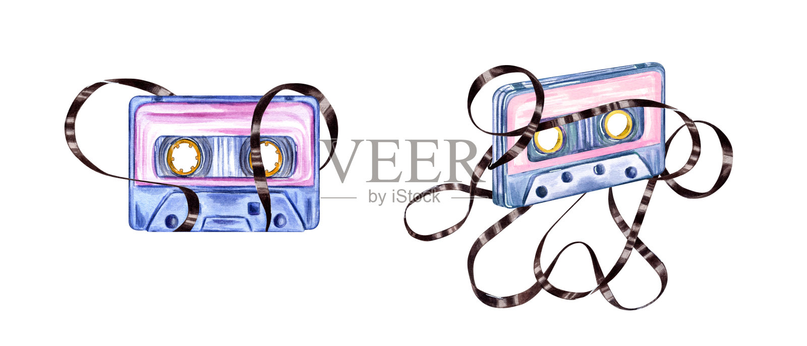 带有缠结磁带的复古盒式录音带。蓝粉色的录音带。怀旧。棕色磁带。复古的彩色音乐盒式磁带。水彩插图孤立在白色。插画图片素材