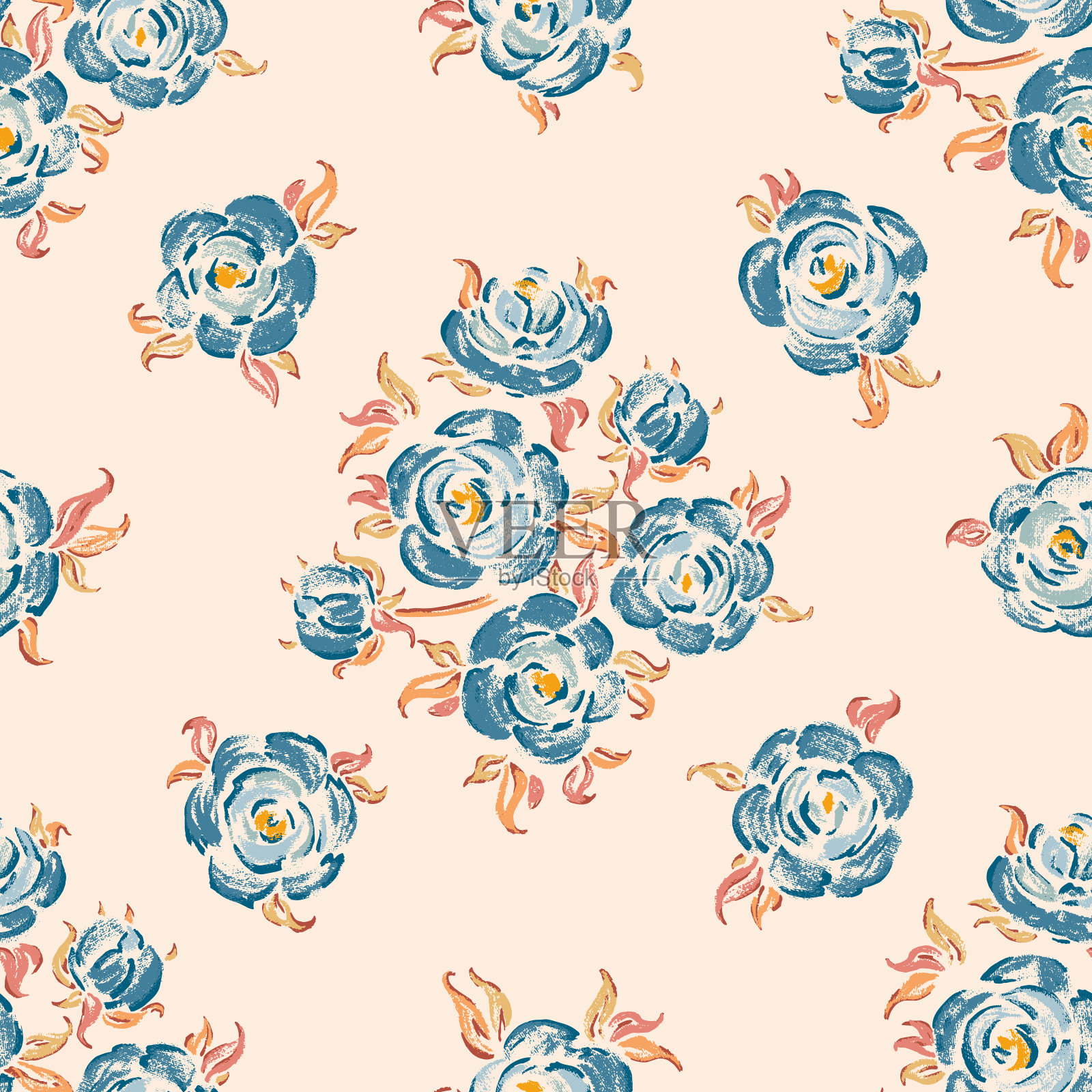 玫瑰花无缝图案。复古蓝玫瑰。花的背景。手绘。矢量插图。插画图片素材