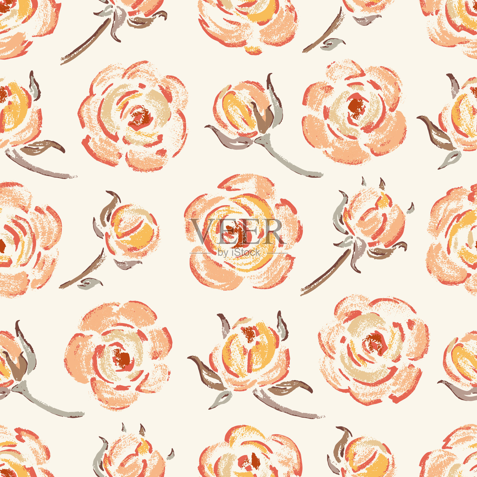 复古无缝图案的黄玫瑰。玫瑰花朵。花的背景。手绘。矢量插图。插画图片素材