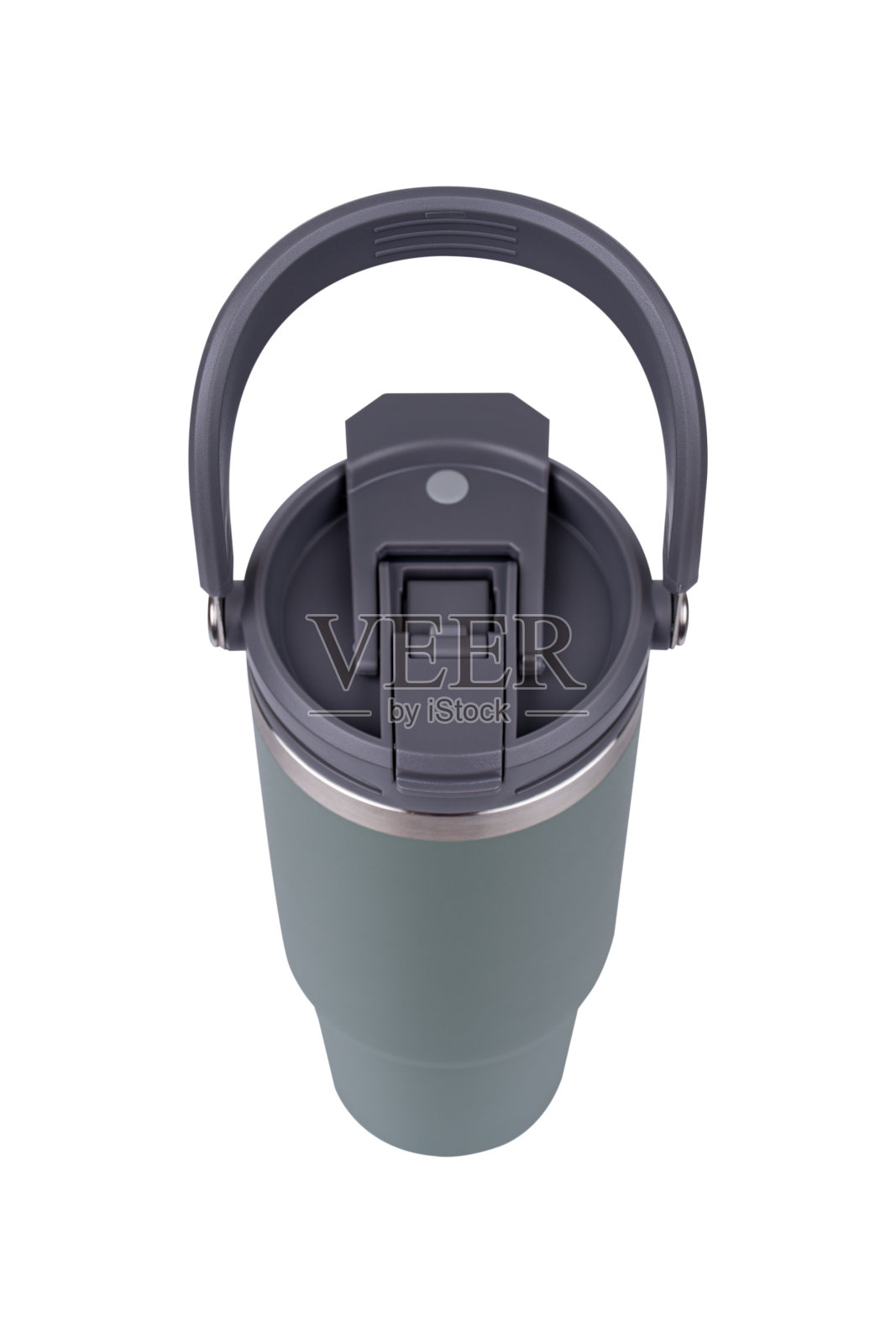 绿色不锈钢水瓶孤立在白色背景。照片摄影图片