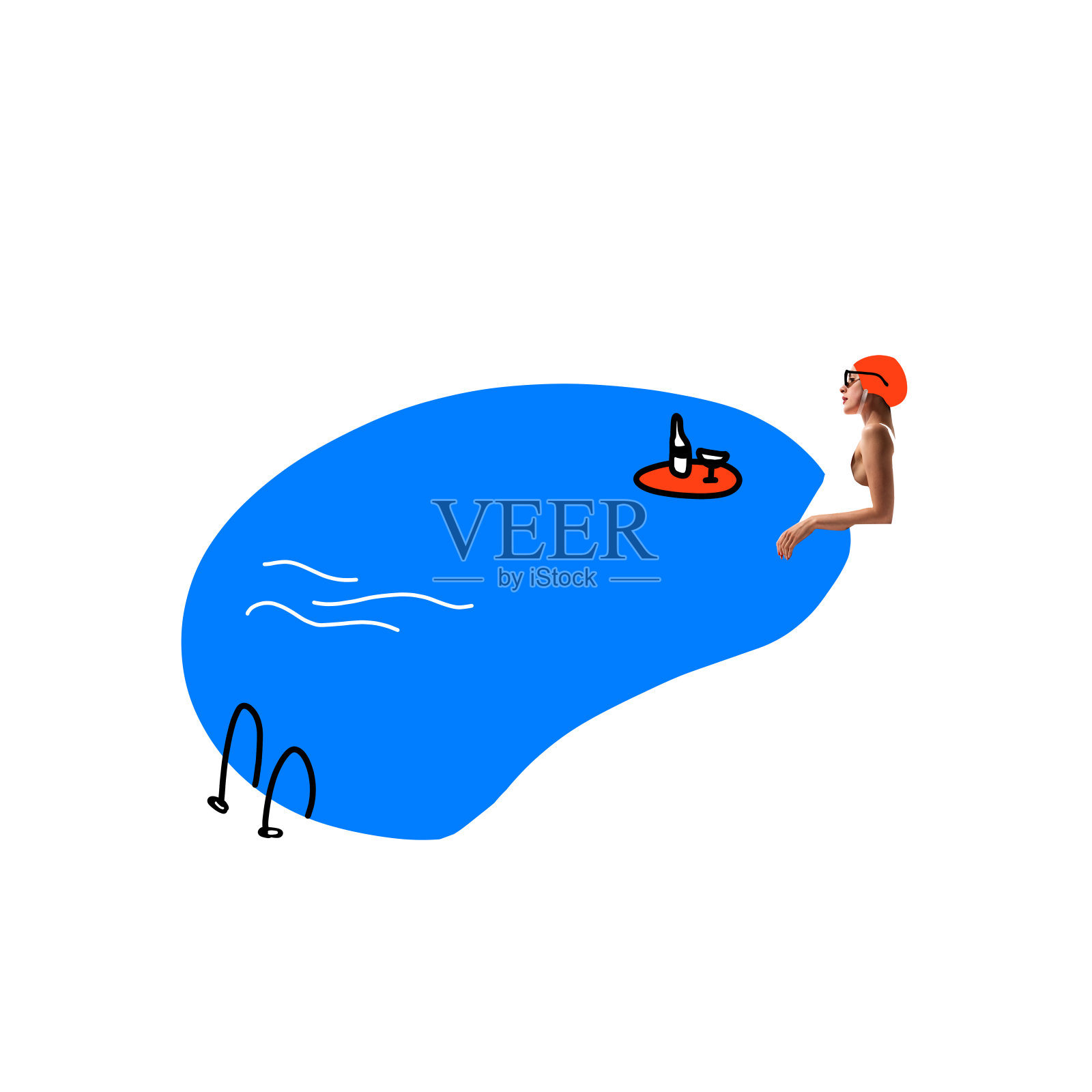 喝着鸡尾酒在游泳池里放松的年轻女子。白色背景。最小的设计。当代艺术拼贴。照片摄影图片