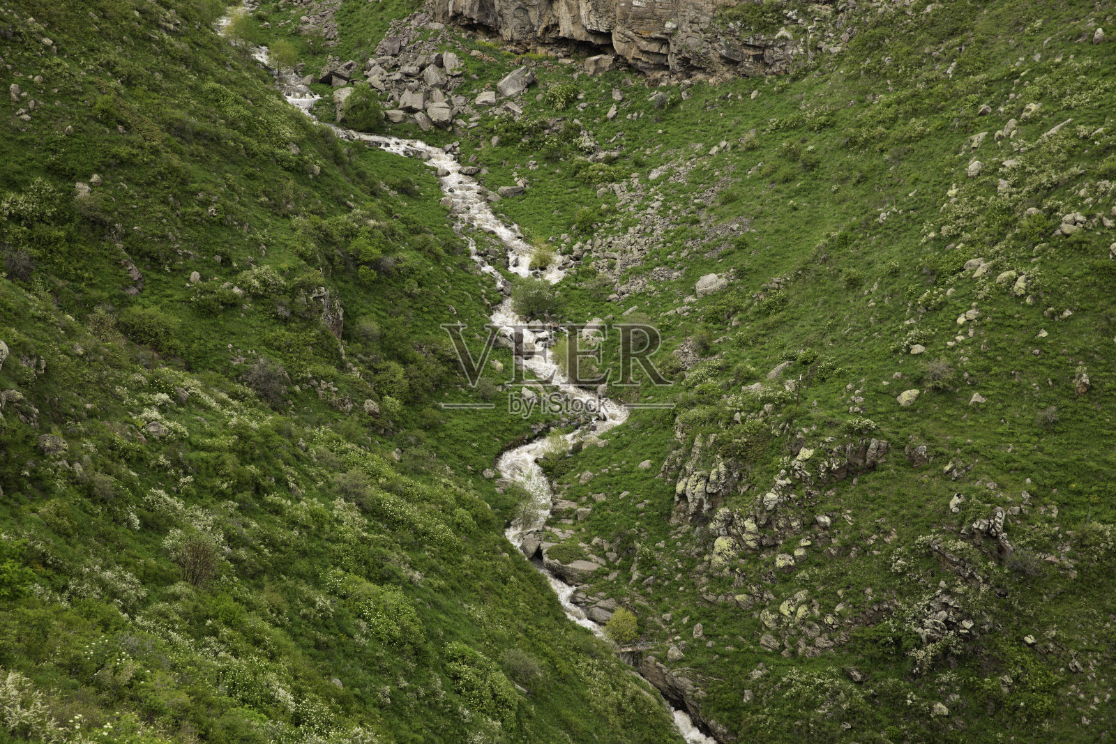 山间溪流蜿蜒穿过岩石峡谷和郁郁葱葱的草地照片摄影图片