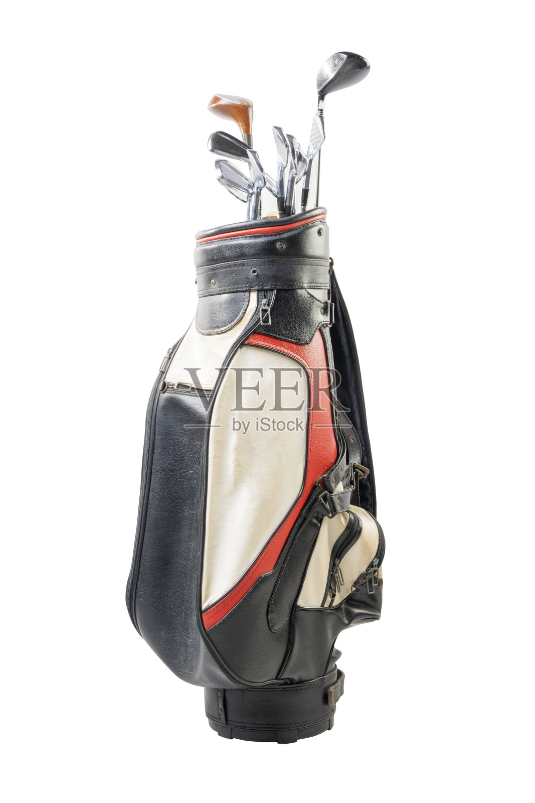 包里高尔夫球杆的特写镜头照片摄影图片