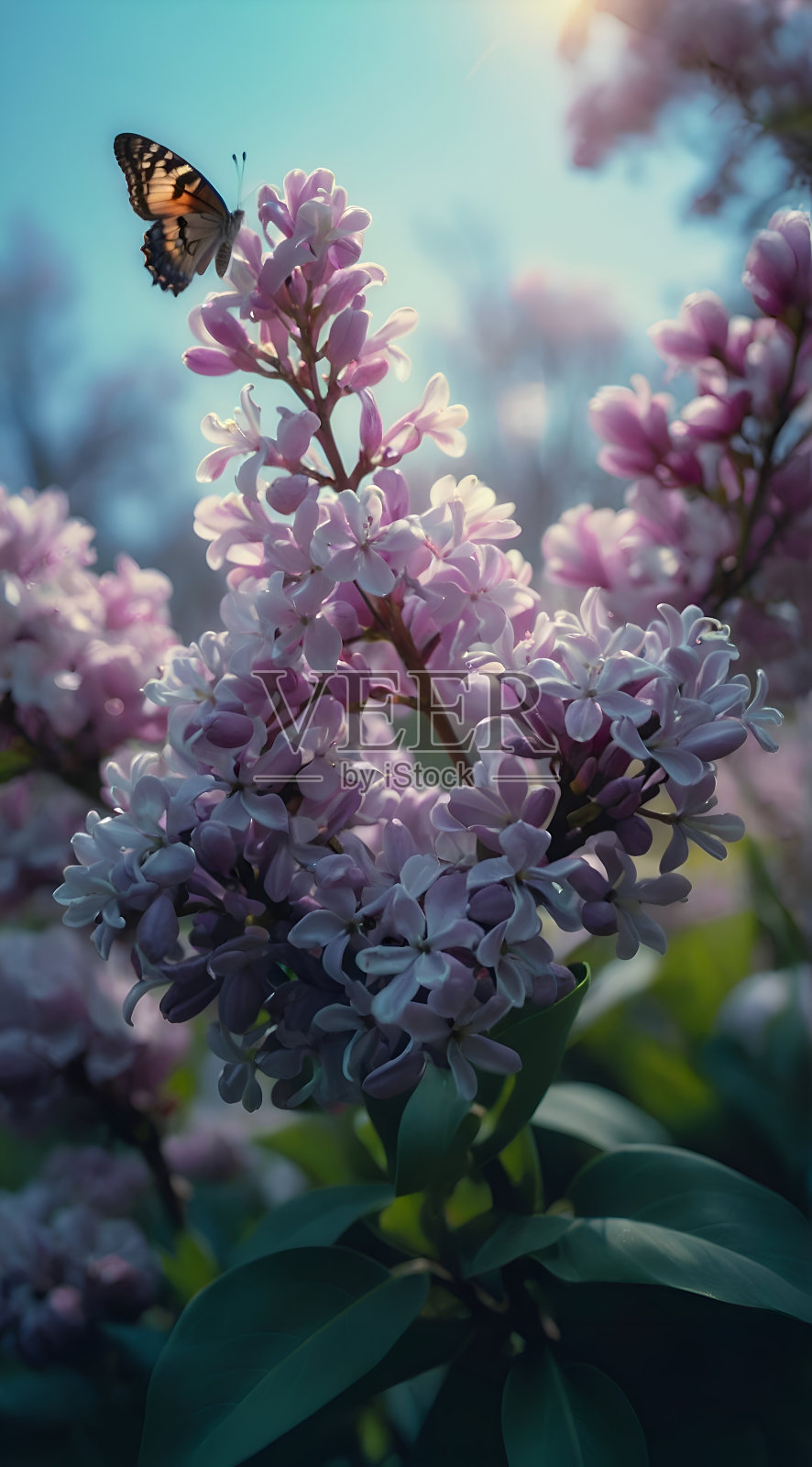 一些漂亮的花，一头坐着一只蝴蝶，另一头在背景里照片摄影图片