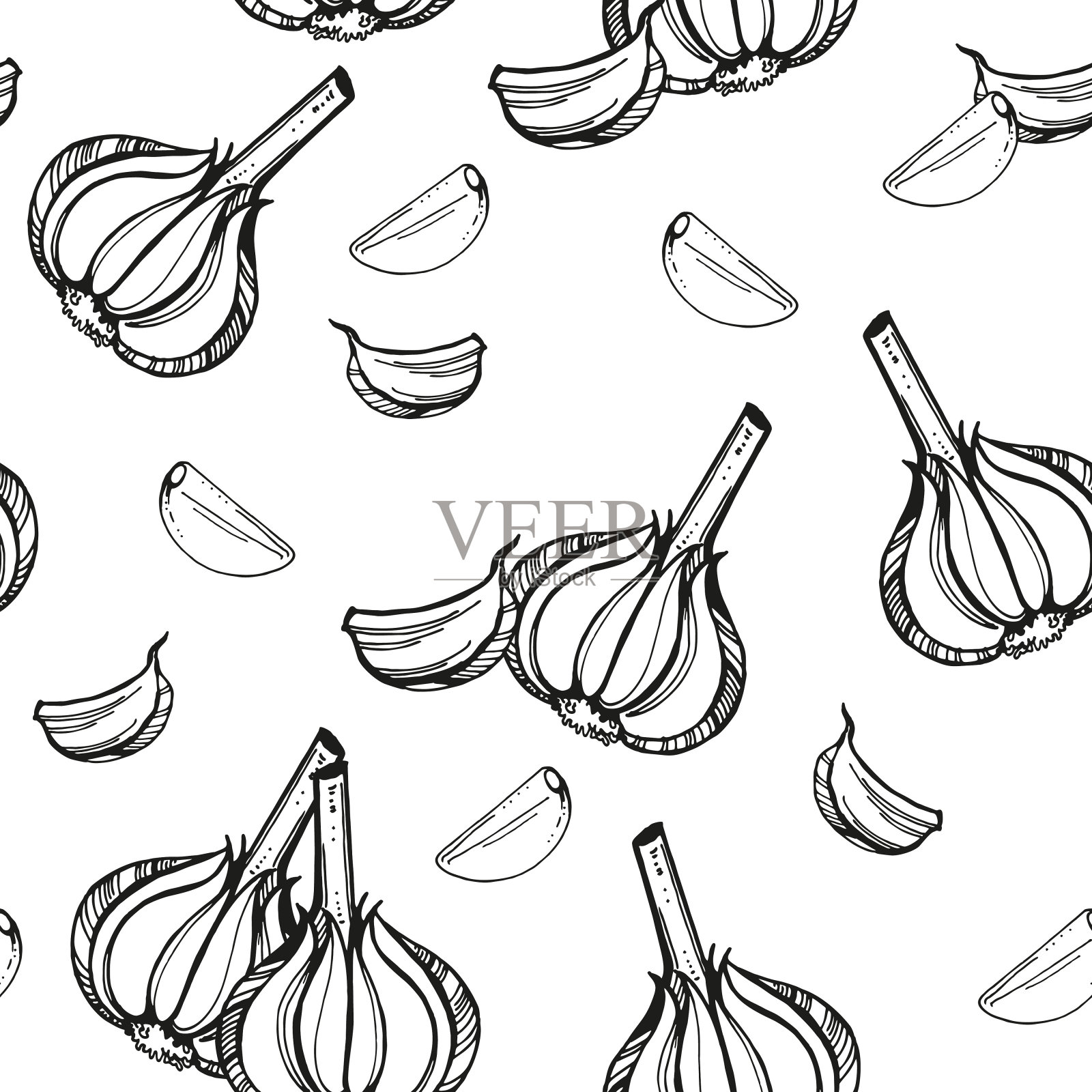 大蒜丁香轮廓矢量无缝图案，墨水手绘草图的食物，蔬菜，辛辣和调味品主题白色背景，黑白涂鸦插图插画图片素材
