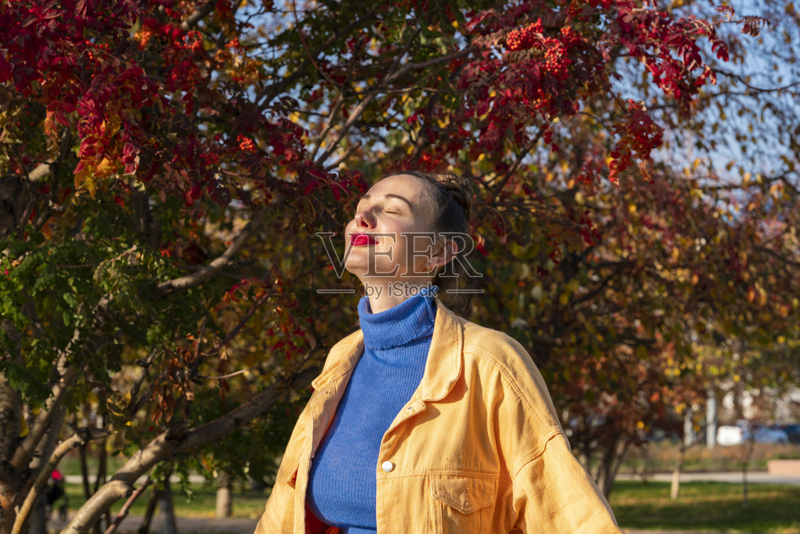 秋天在公园散步的年轻女子。照片摄影图片