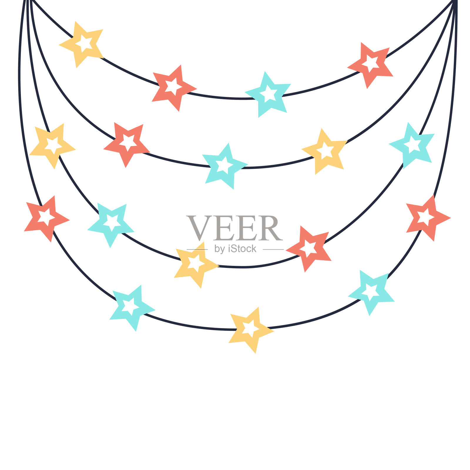 圣诞灯。五颜六色的星星闪闪发光的花环。串串仙女灯套装。卡通节日节日圣诞装饰。挂装饰。平面设计。白色背景。孤立。插画图片素材