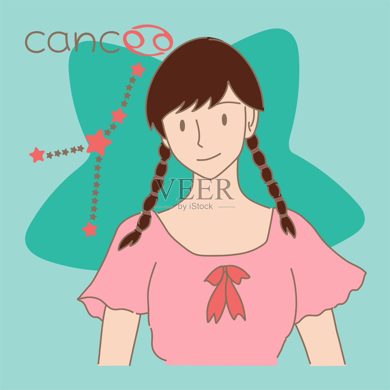 有双辫子头发的女人。巨蟹座，星座，星座，文字和星星。手绘平面卡通人物矢量插图。插画图片素材