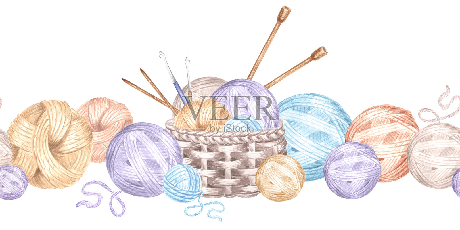 篮子里的毛线球和绞线，编织针和钩针。为爱好编织无缝边界。手绘水彩插图背景博客，针线店，纺织品，包装。插画图片素材