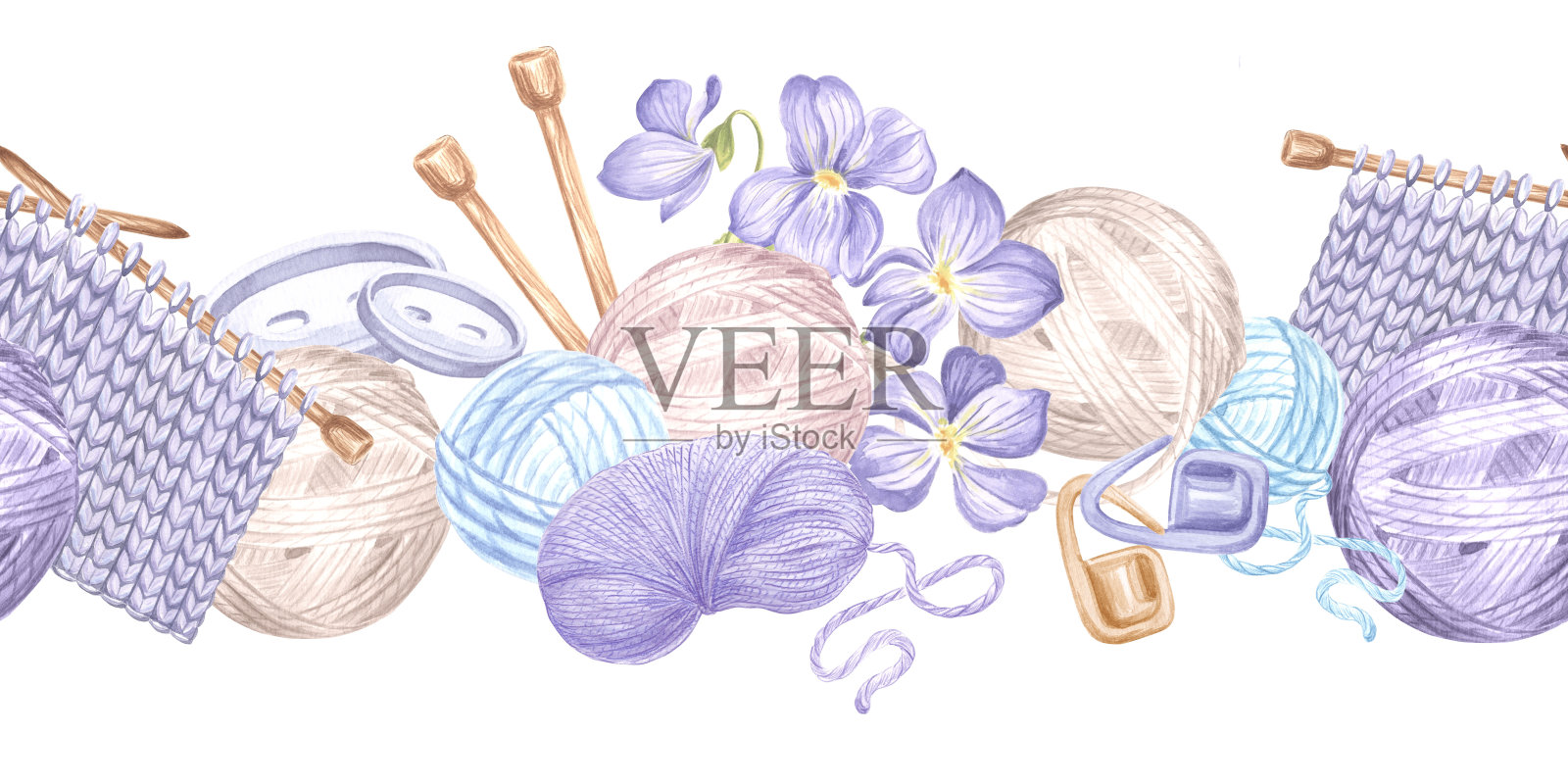 毛线球和绞纱针上针织物样品。紫罗兰花和纽扣。为爱好编织无缝边界。水彩插图背景博客，针线店，纺织品，包装。插画图片素材