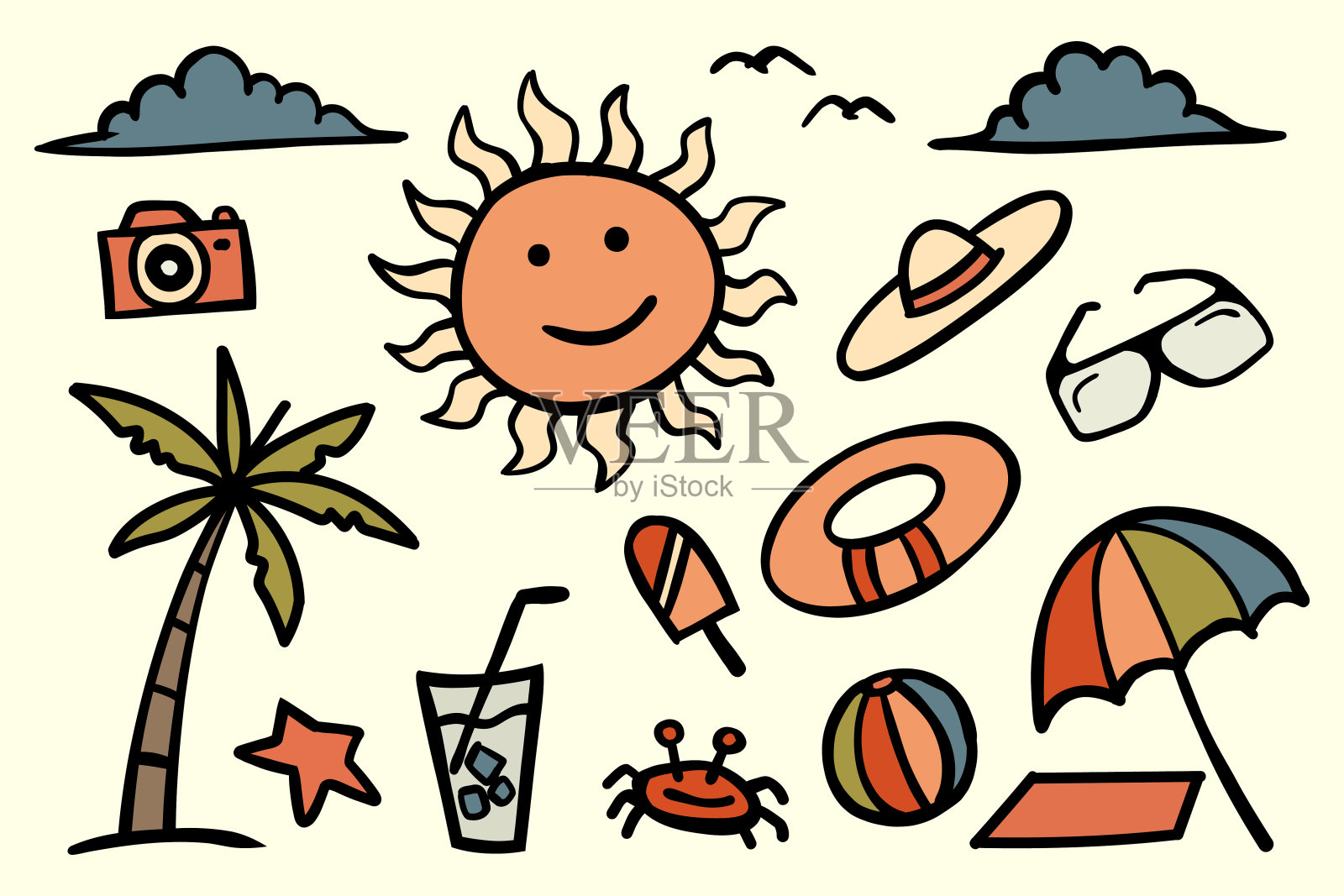 沙滩和夏季手绘收藏插画图片素材