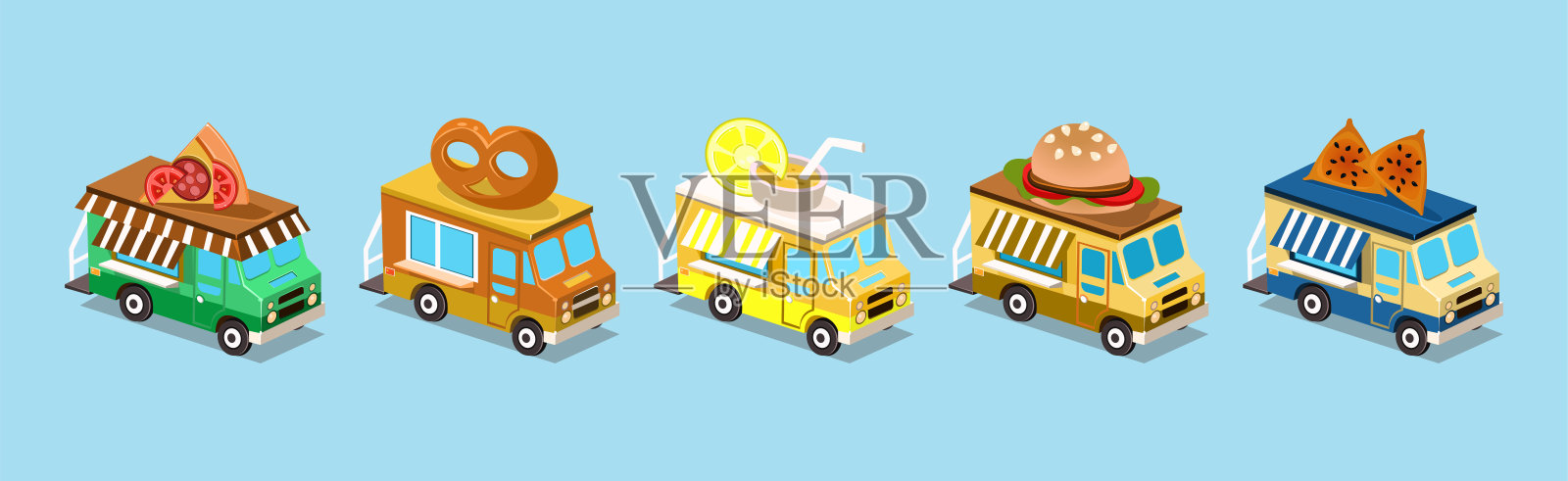 街头美食餐车和车辆2.5D图标矢量图插画图片素材