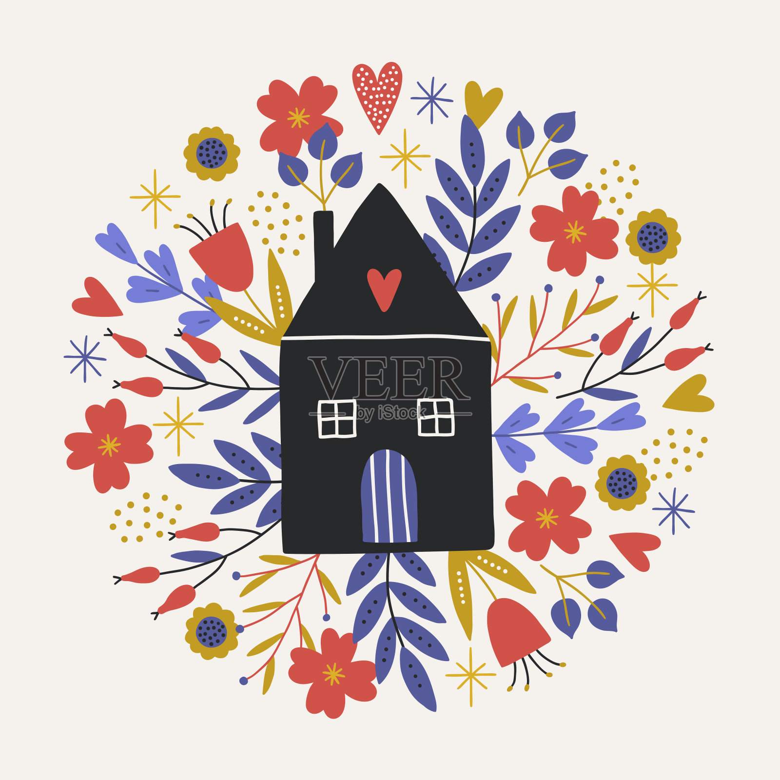 民间花艺贺卡用黑色的房子，心，叶，花插画图片素材