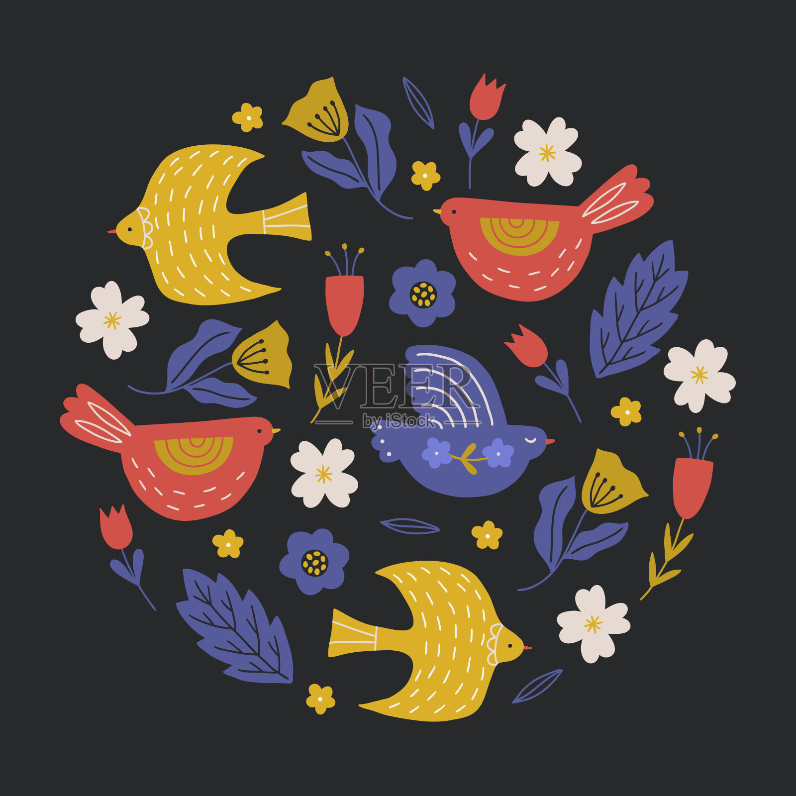 民间花卉贺卡与鸟和花插画图片素材