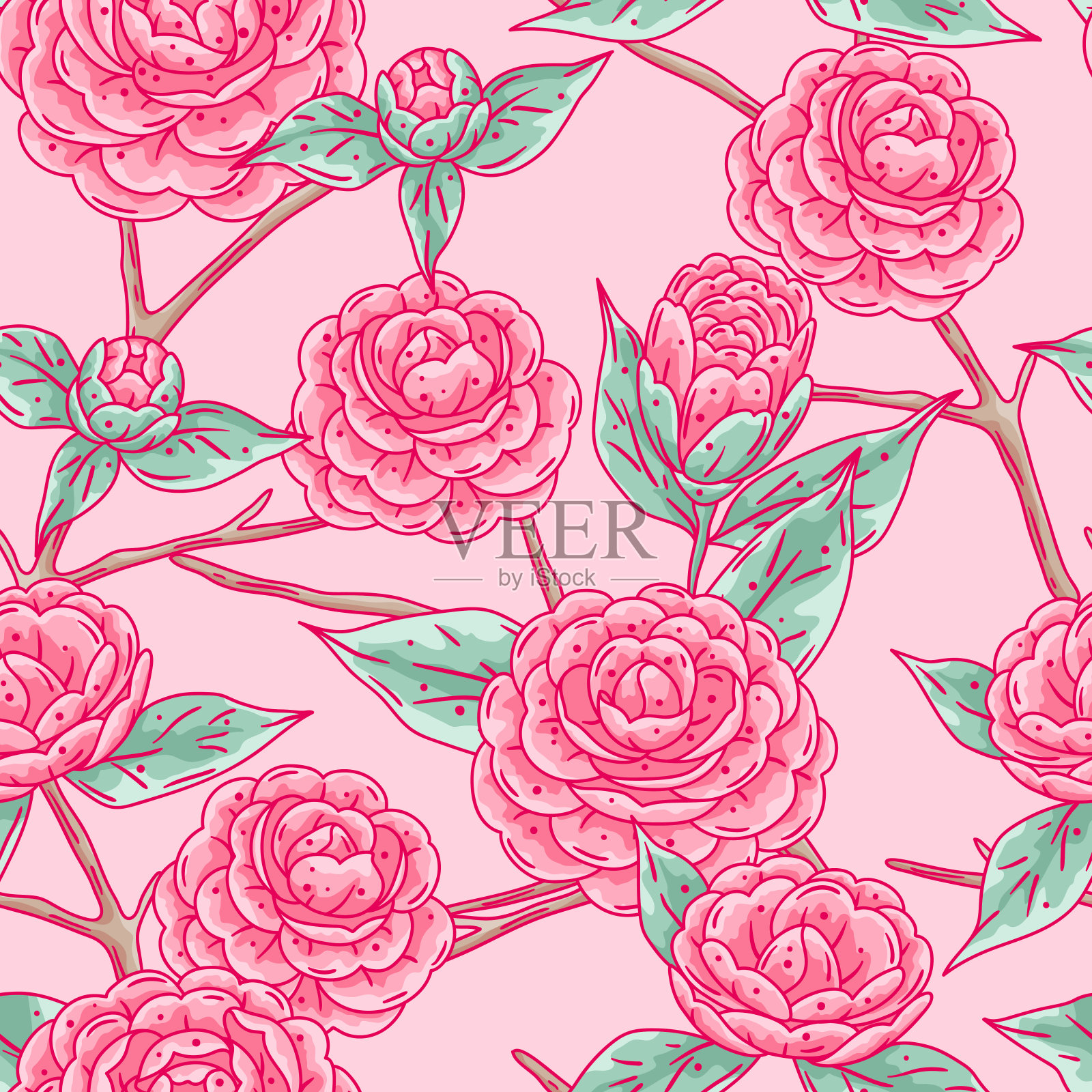 茶花图案。美丽的装饰植物。插画图片素材