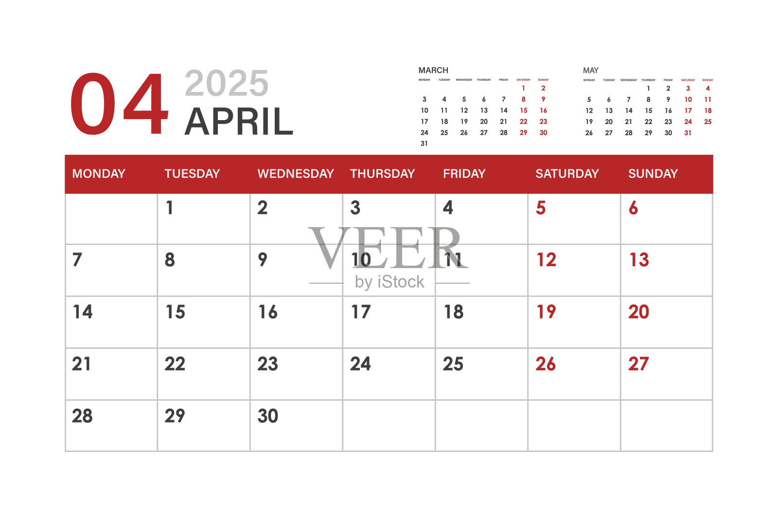 2025年4月的日历。这一周从星期一开始插画图片素材