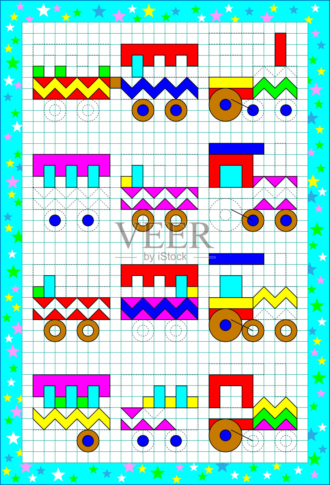 逻辑益智游戏的孩子在一个正方形的纸。画一幅画，这样所有的火车就完全一样了。插画图片素材