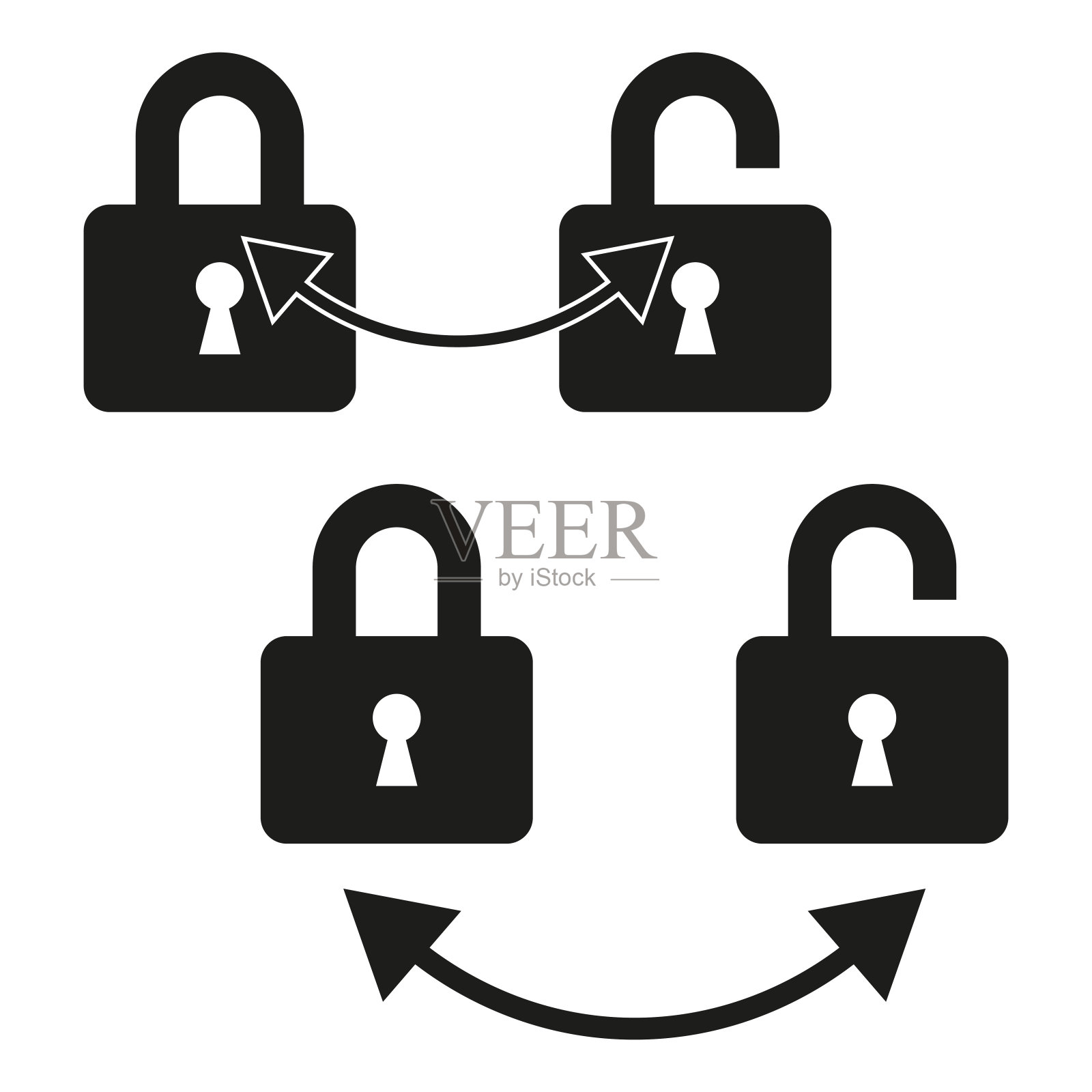 锁定和解锁图标。箭头连接符号。矢量插图集。黑色和白色。插画图片素材