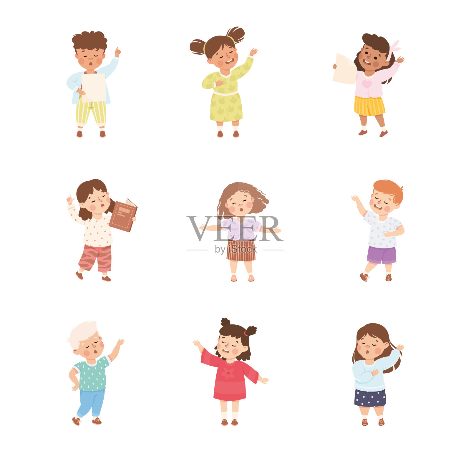 小男孩和女孩的性格站立和讲故事或背诵诗歌矢量插图集插画图片素材