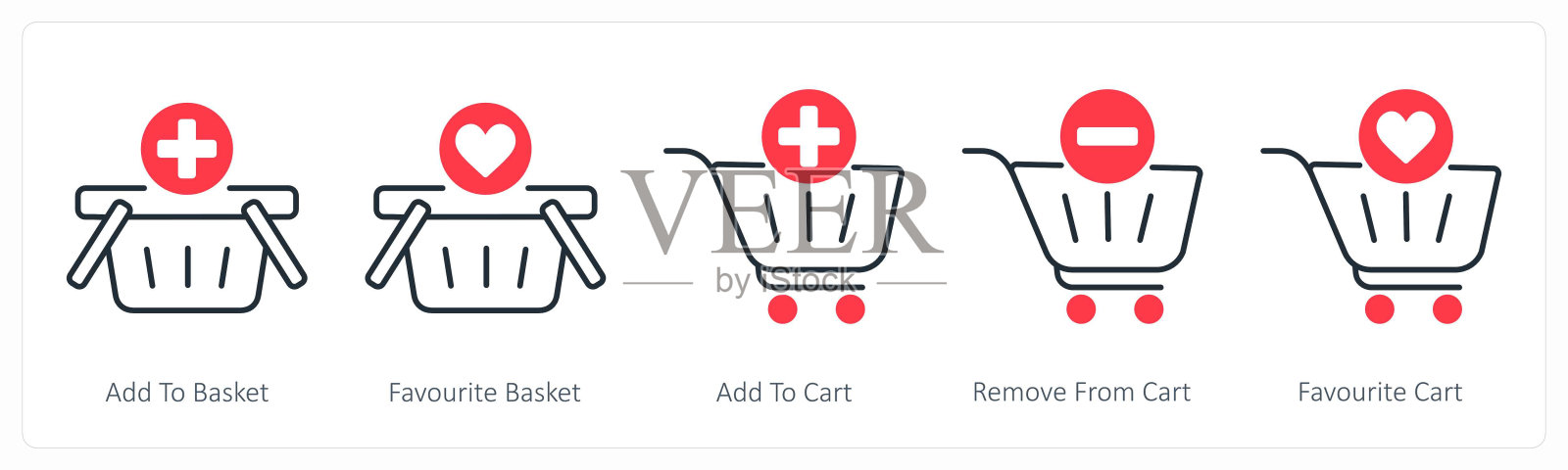 一组5个购物图标添加到篮子，最喜欢的篮子，添加到购物车插画图片素材