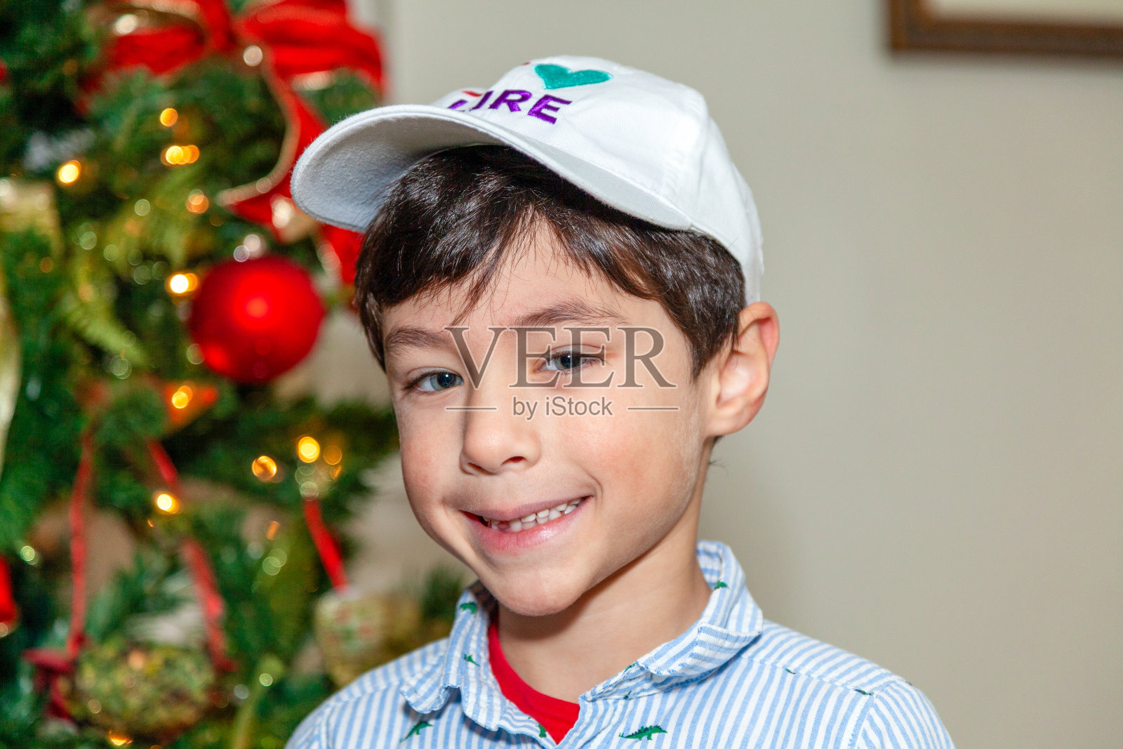 小男孩站在圣诞树前。照片摄影图片