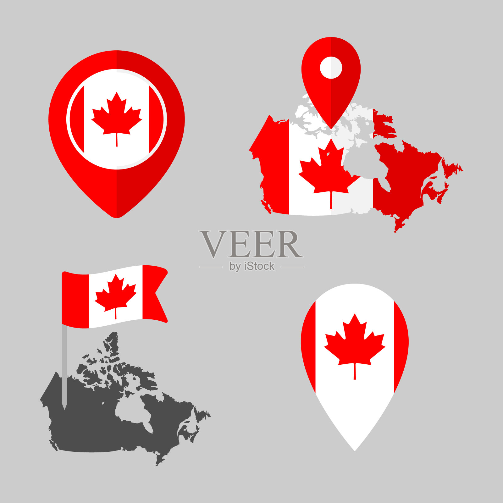 加拿大国旗地图指针集，加拿大国旗符号插画图片素材