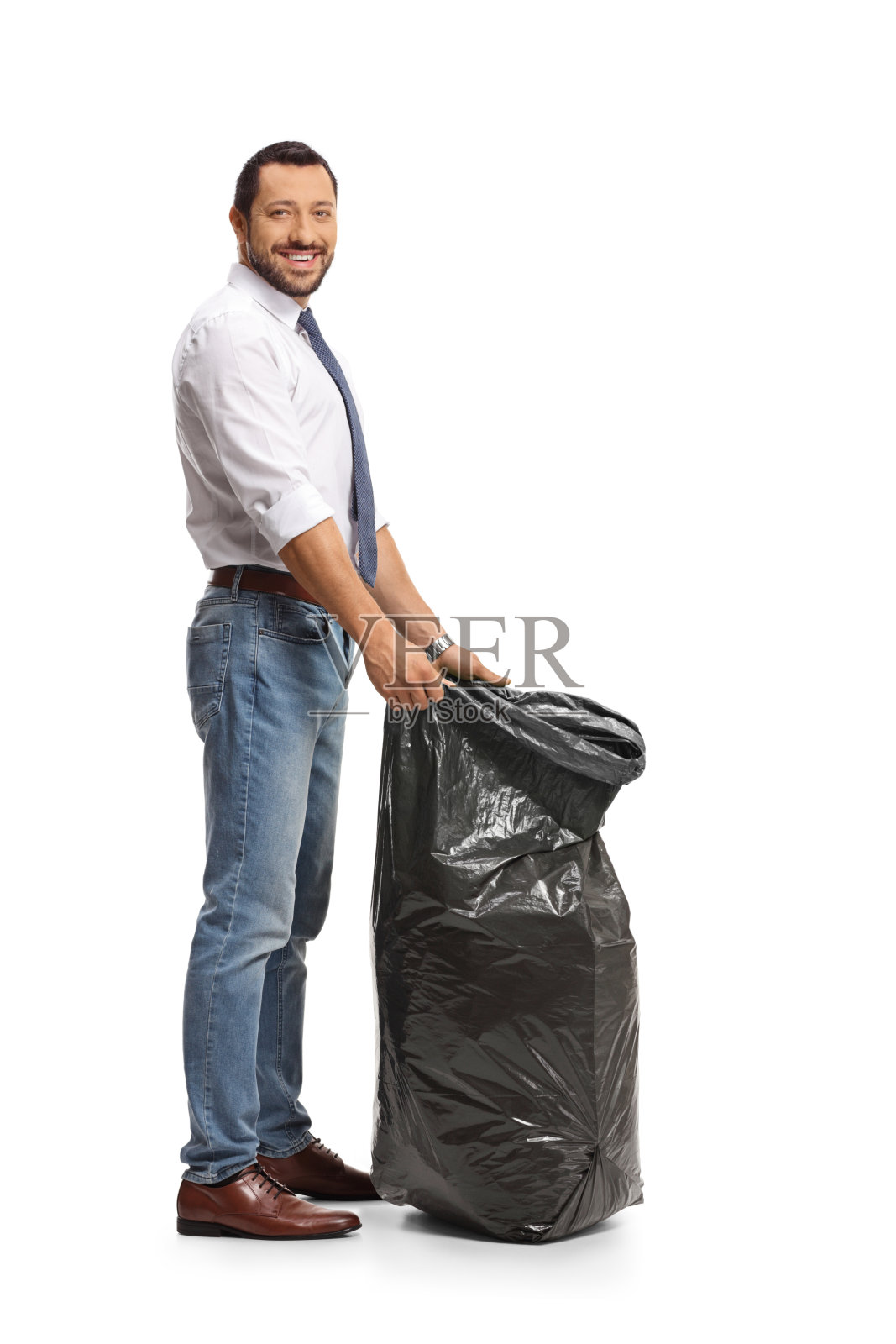 拿着垃圾袋等着的商人照片摄影图片