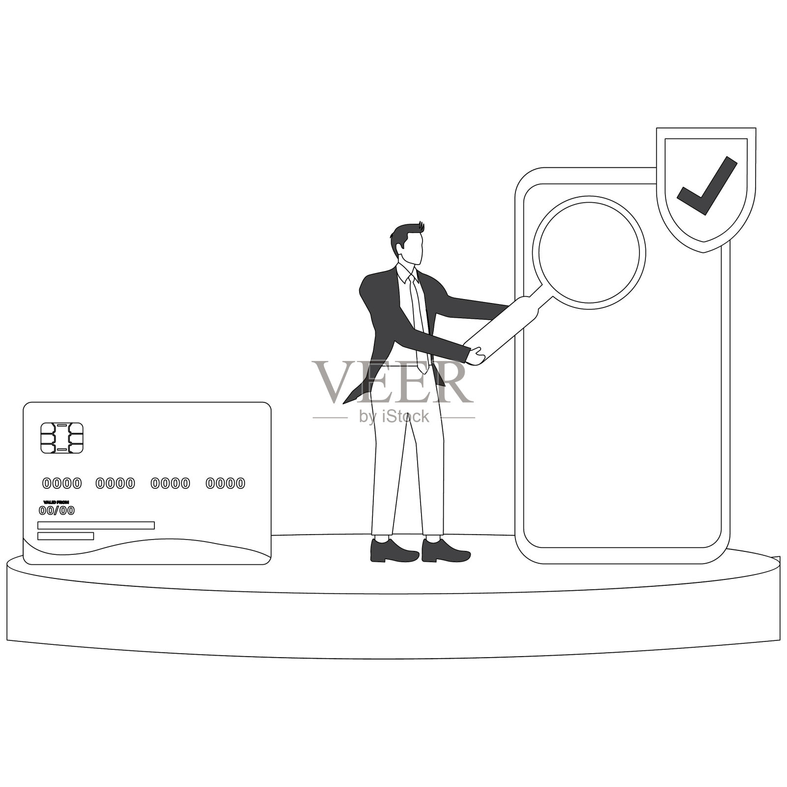 放大镜与信用卡商人智能手机插画图片素材