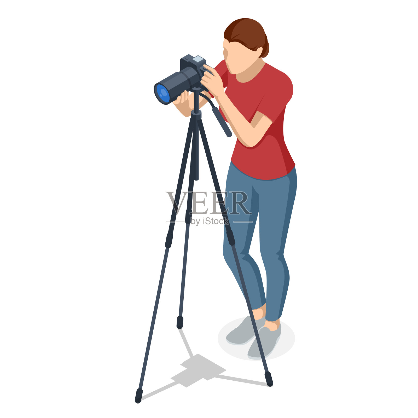 等距女摄影师与单反相机三脚架。数码相机。居家爱好，生活方式，旅游，人的观念。专业的摄影师插画图片素材