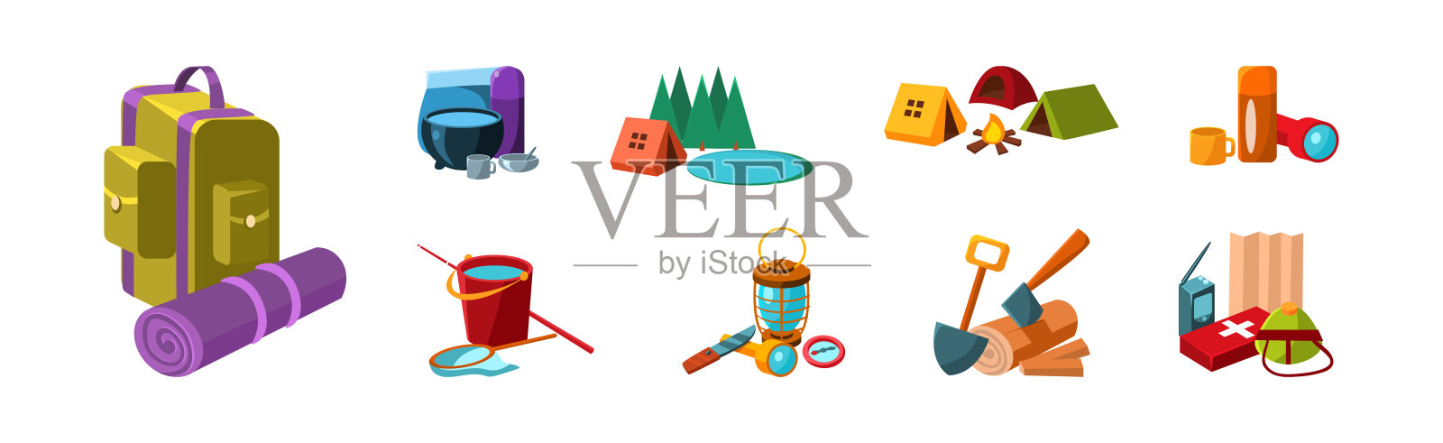 露营和郊游对象和设备向量集插画图片素材