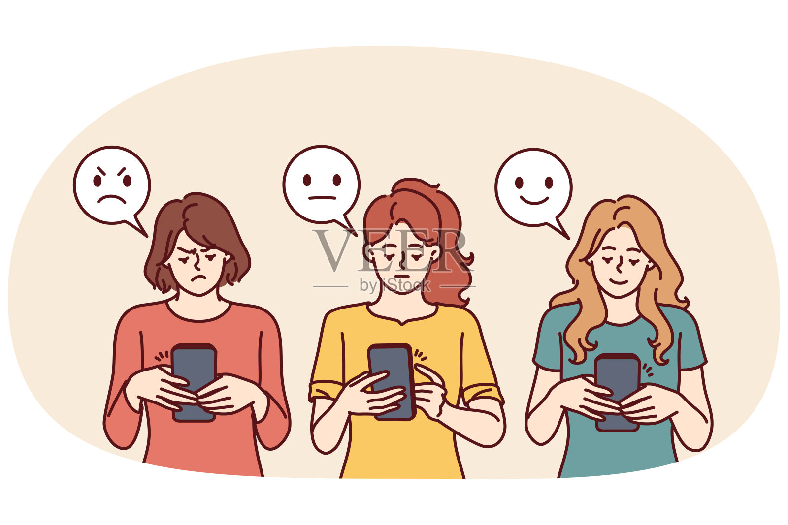 女性用手机靠近表情符号，用不同的面部表情进行网络反馈概念插画图片素材