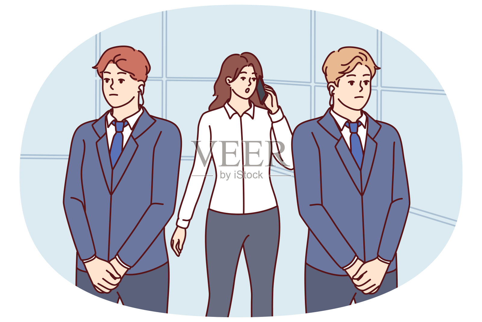 两名保镖靠近正在打电话的女商人，由于人身威胁需要保护插画图片素材