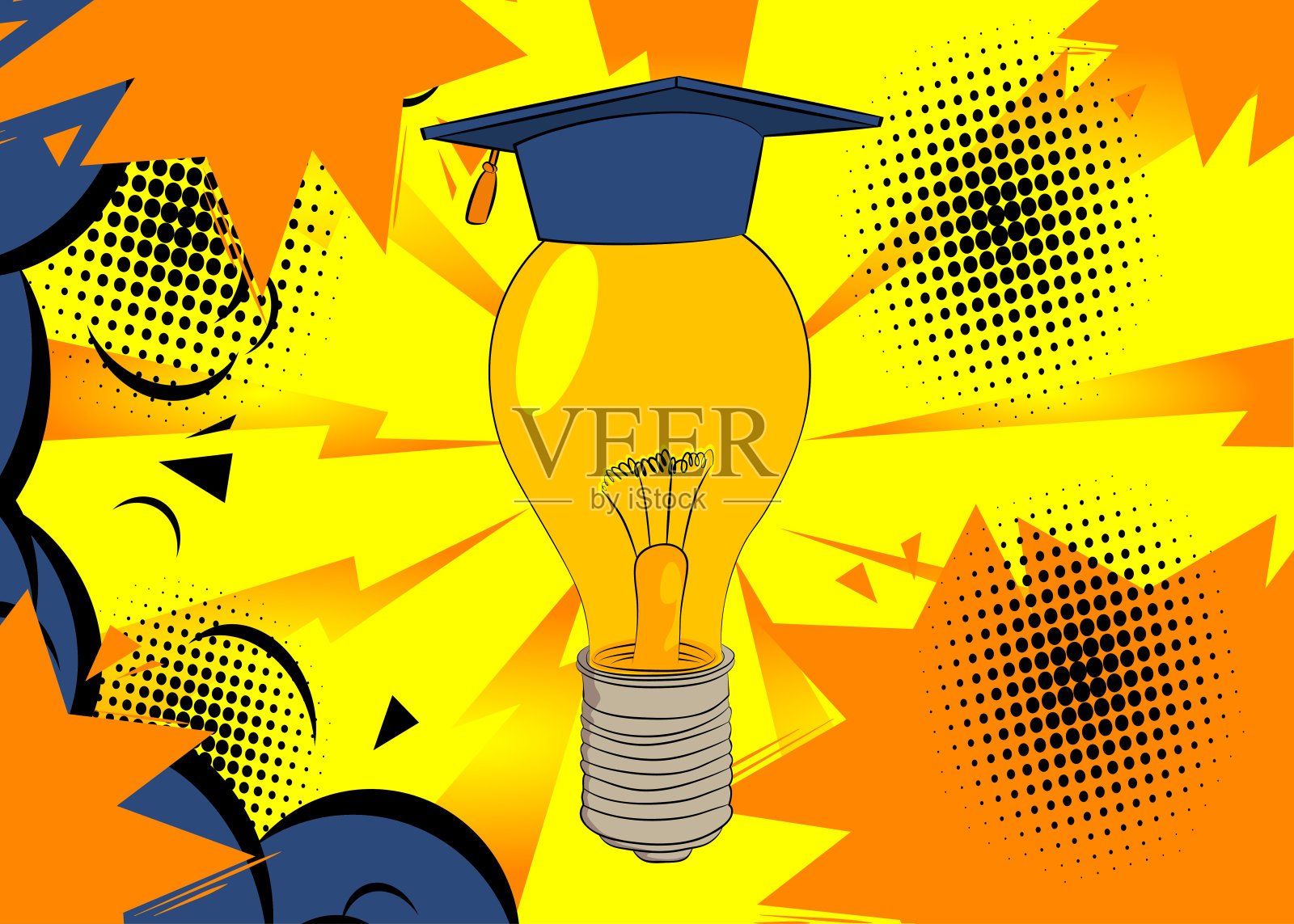 灯泡上的毕业帽，漫画《教育》。复古矢量漫画波普艺术设计。插画图片素材