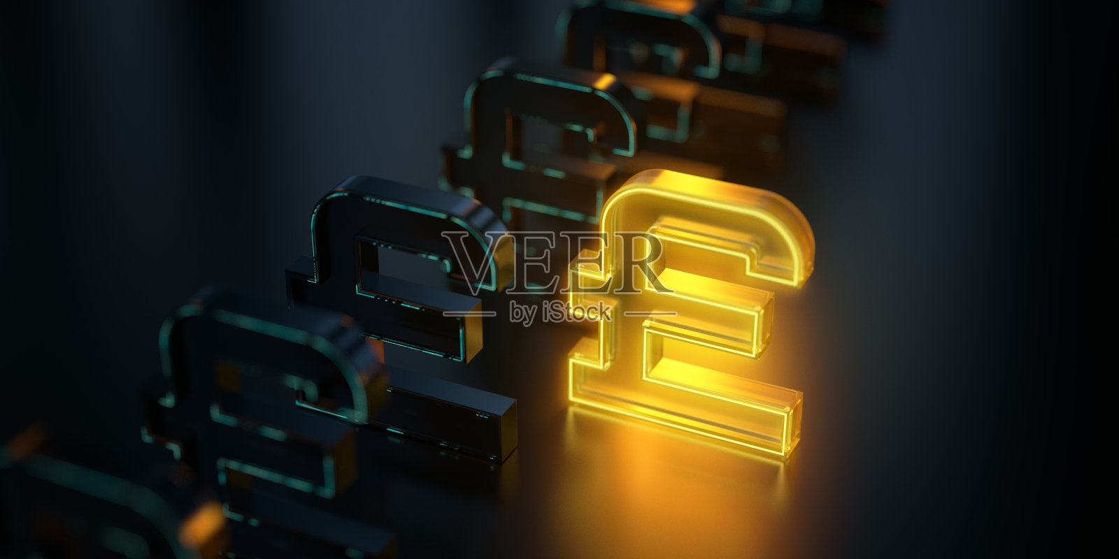 发光的英镑货币符号在黑暗的背景下从人群中脱颖而出。发光的黄色透明玻璃材料照片摄影图片