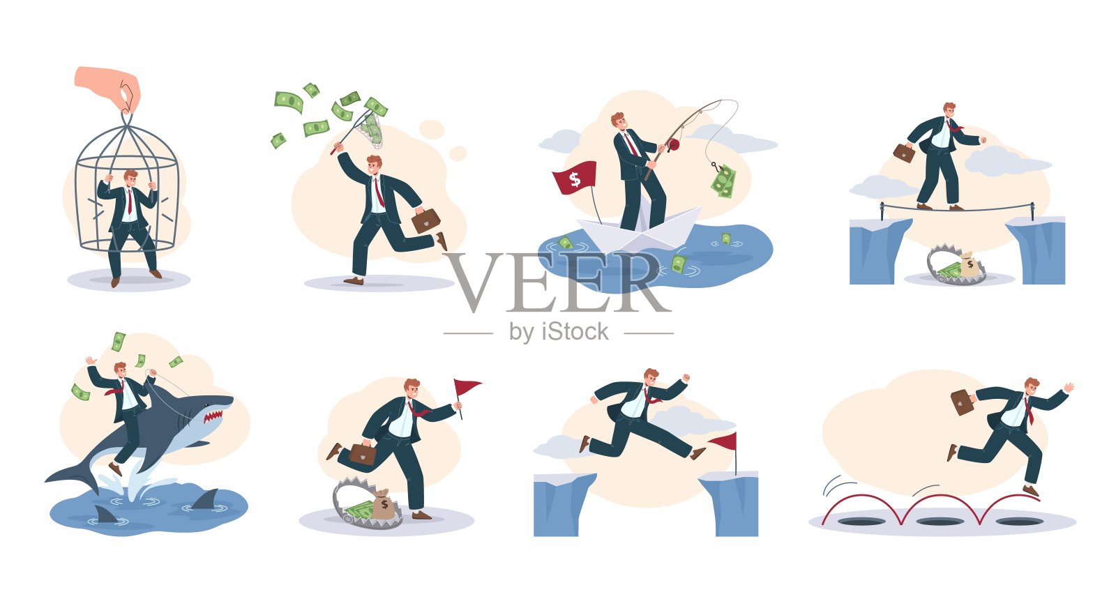 财务成功和风险管理。商人抓钱，捞钱，乘风破浪，跳盘插画图片素材