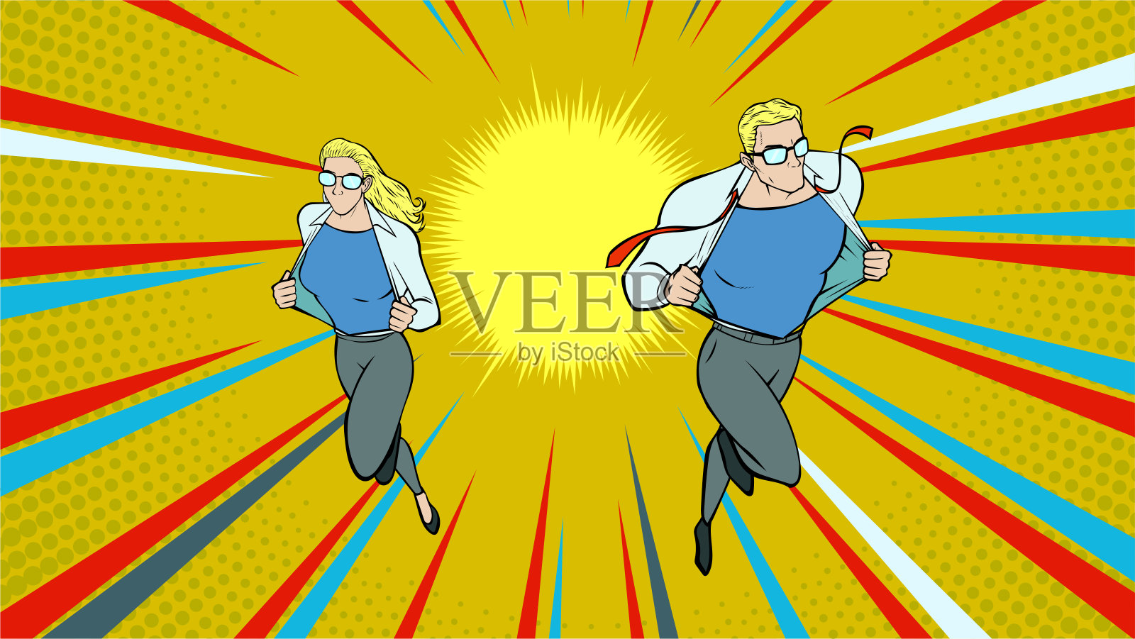 矢量波普艺术的两个超级英雄改变服装，而运行股票插图插画图片素材