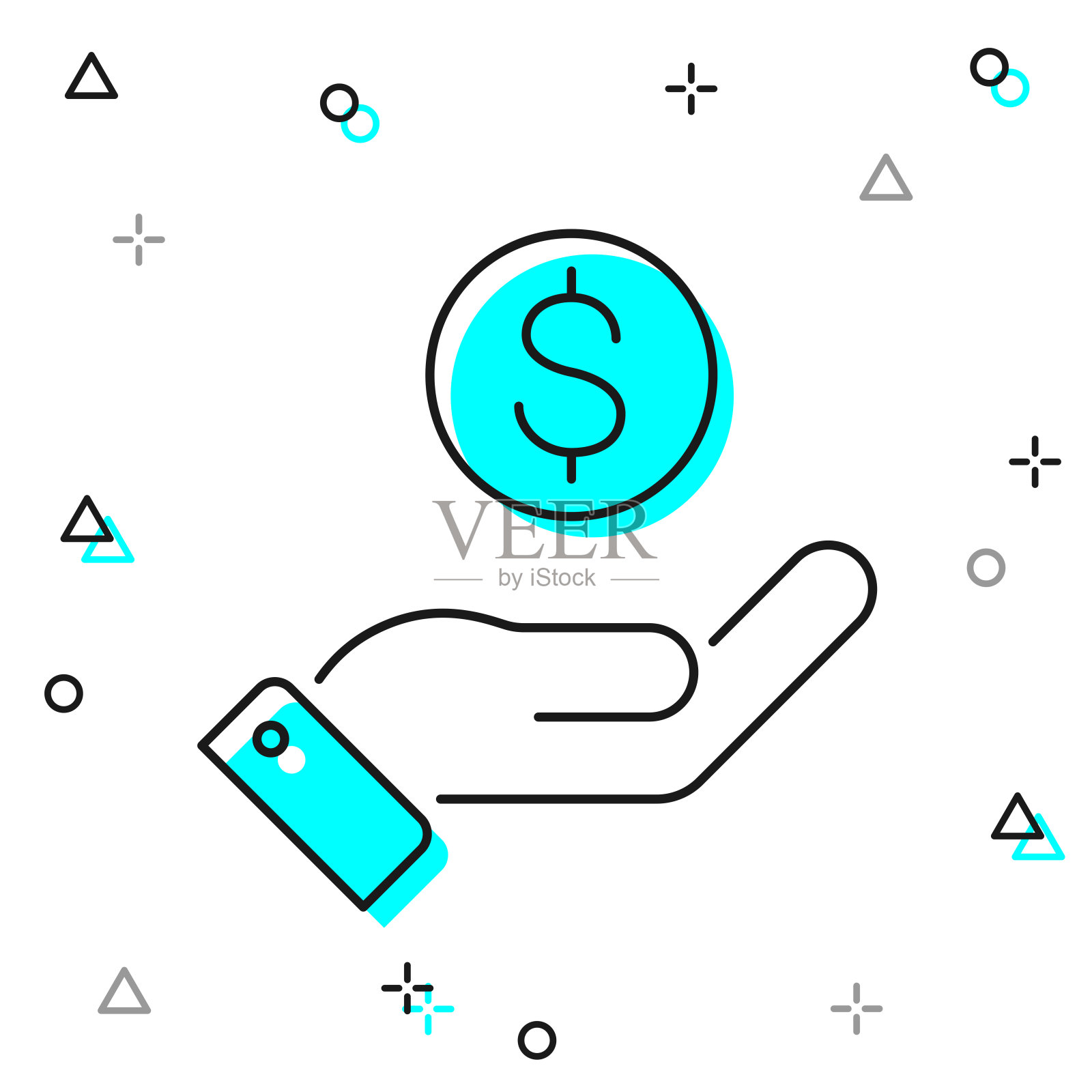 手里拿着一美元硬币。白色背景上的线图标插画图片素材