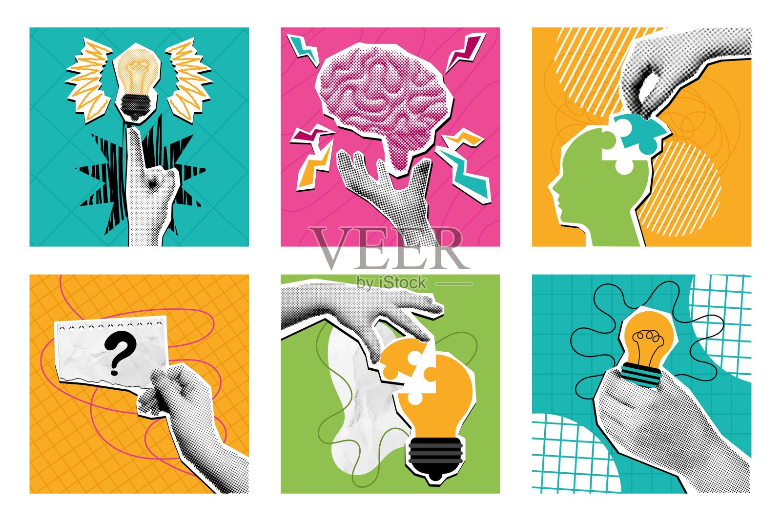 网点拼贴创意：混合媒体的流行艺术大脑和问题解决方案概念矢量插图插画图片素材