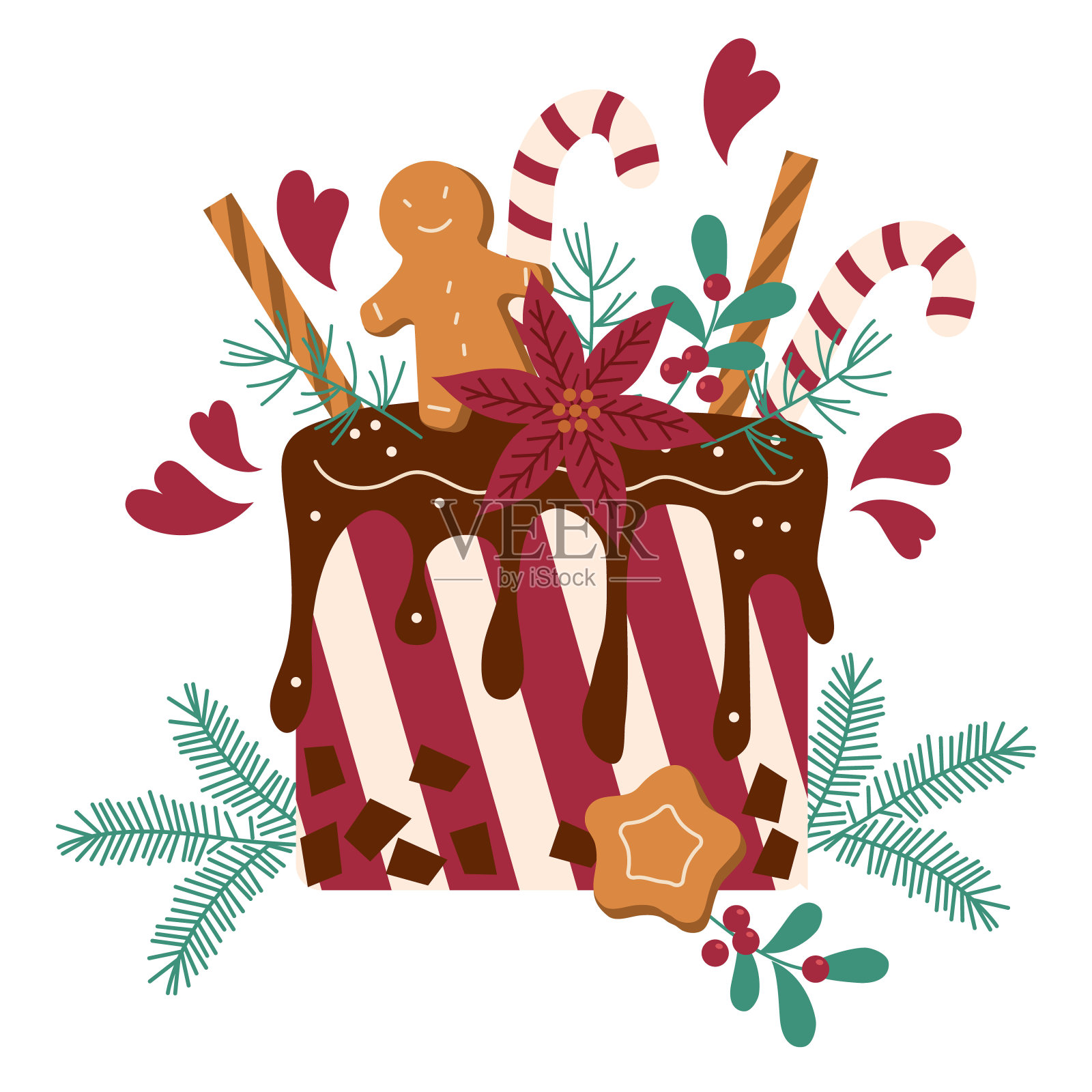 自制圣诞新年蛋糕，面包房，糖果概念。圣诞，新年饼干和蛋糕，爱心和鲜花，棒棒糖和圣诞装饰，自制姜饼插画图片素材