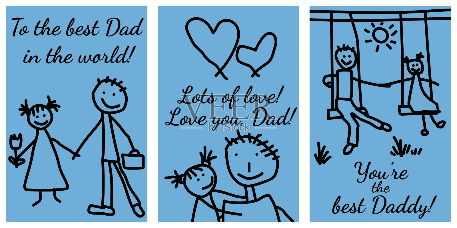 女儿送的一套父亲节卡片，简单的海报，配以儿童风格的手绘插图，内容是共同的活动插画图片素材