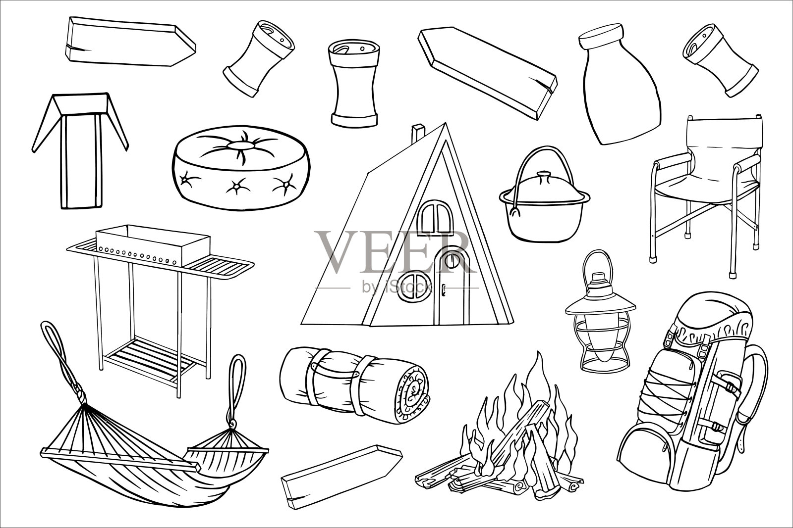 手绘旅行插图。户外露营涂鸦套装。豪华野营是一个舒适的假期。野外探险装备。简单的矢量涂鸦收集篝火，帐篷，房子，夏夜和烧烤插画图片素材