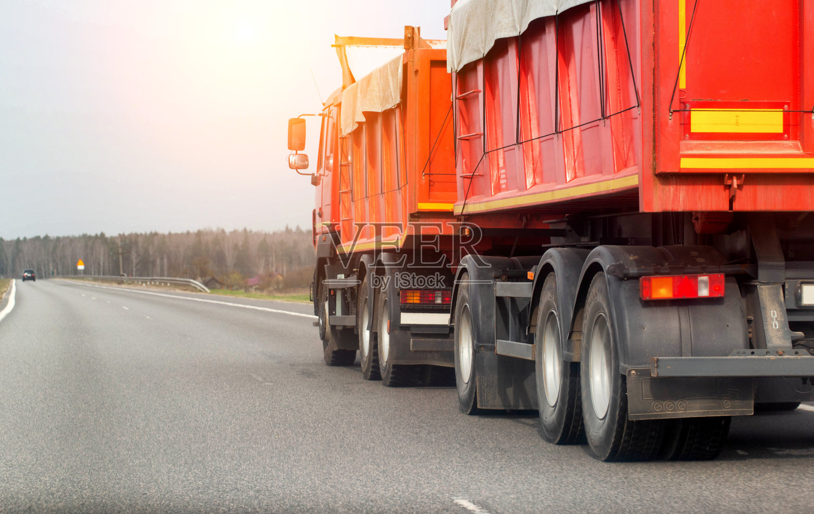 一辆带有半挂车的橙色谷物倾卸卡车沿着公路从农场运来谷物。谷物收成的运输。复制空间用于文本，农业照片摄影图片