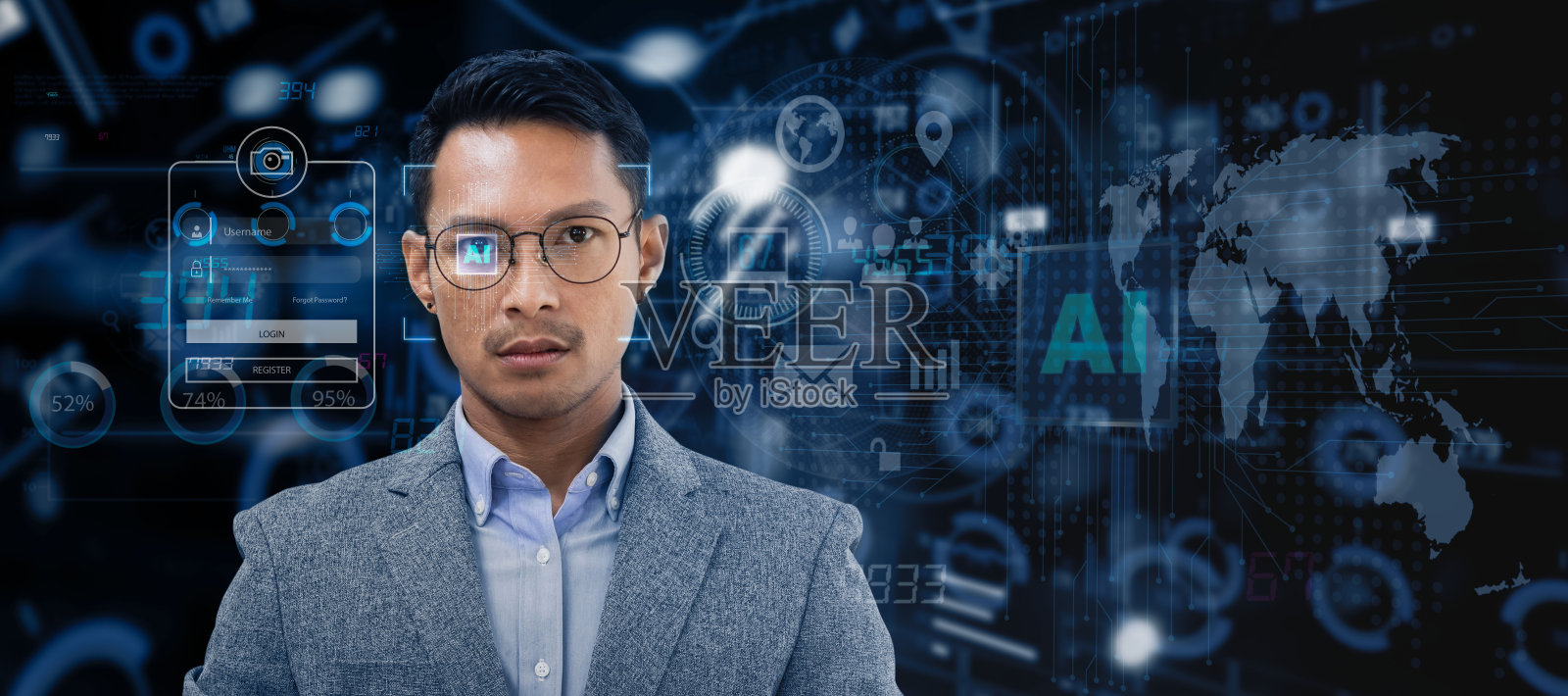 亚洲商人双曝光与数字技术AI人脸扫描识别系统。照片摄影图片