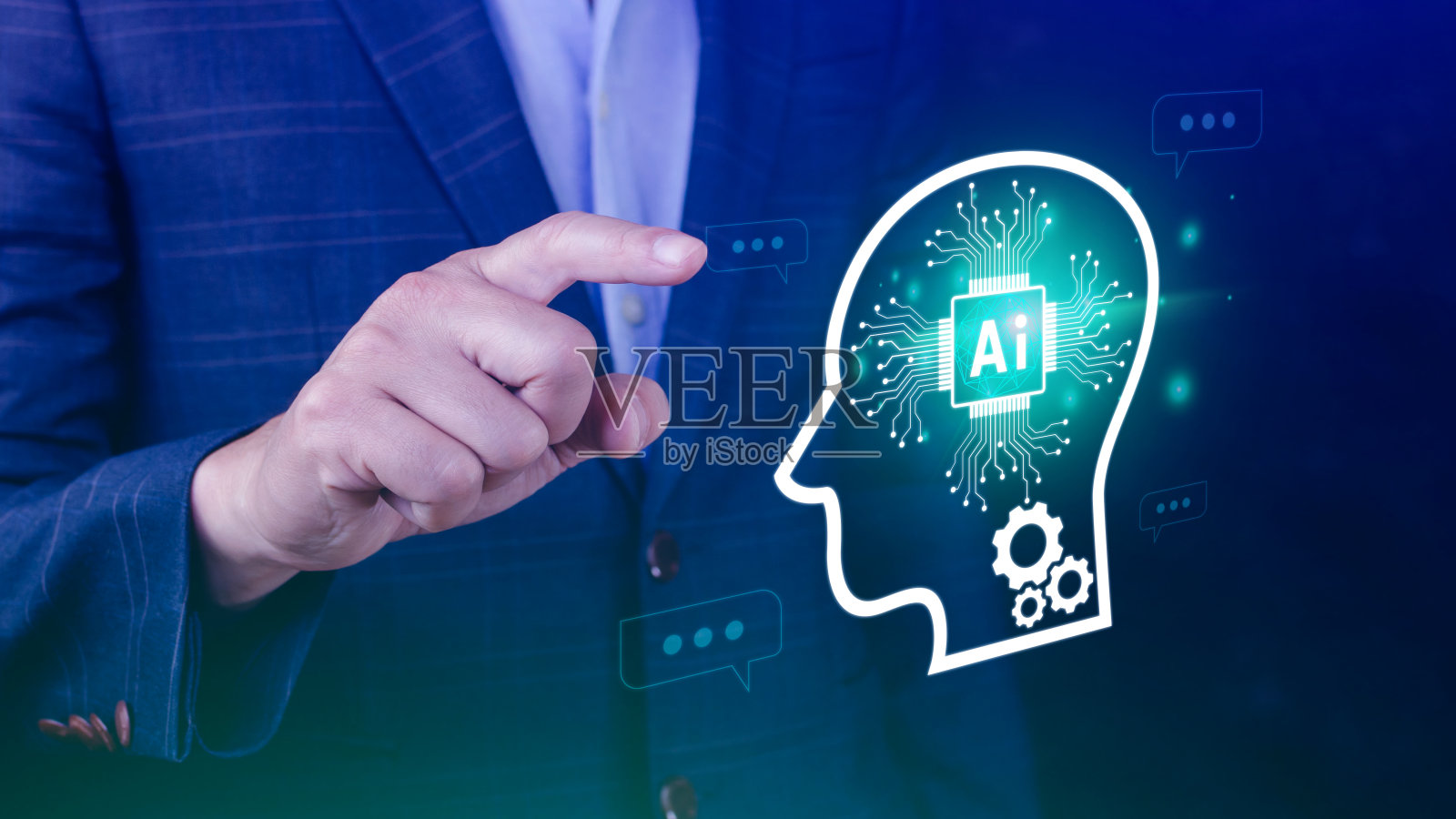 ChatGPT与AI或人工智能聊天，使用触摸虚拟屏幕上的AI图标，机器人应用程序，数字聊天机器人，OpenAI生成。未来科技概念。照片摄影图片