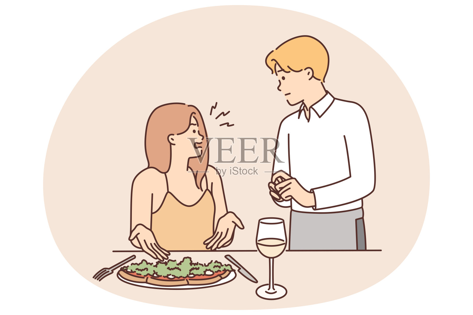 女客人向服务员抱怨饭菜的质量和上菜的味道插画图片素材