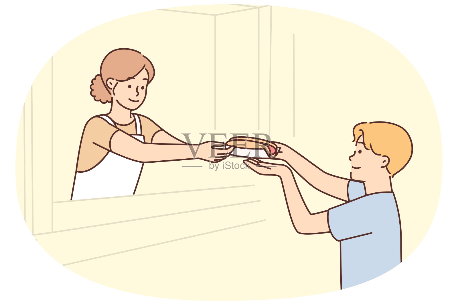 男人买了新鲜的热狗，想边走边吃快餐充饥插画图片素材