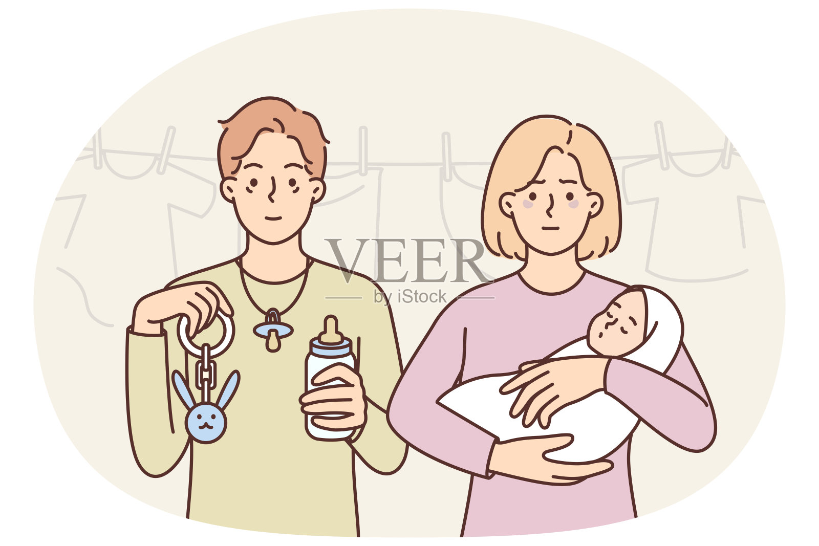 被折磨的新生儿带着刚出生的孩子抚养儿子，因为父母的烦恼而感到疲惫插画图片素材