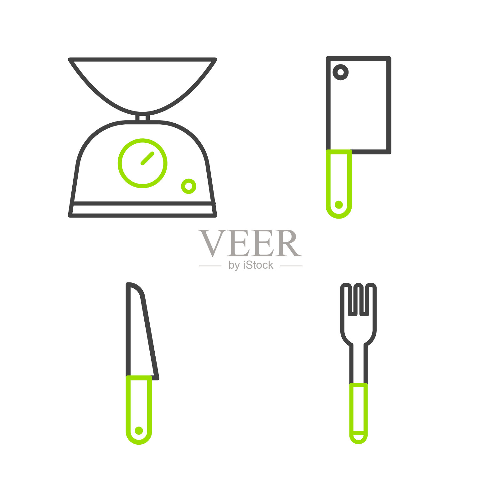 设置线叉，刀，肉斩和鳞片图标。向量插画图片素材