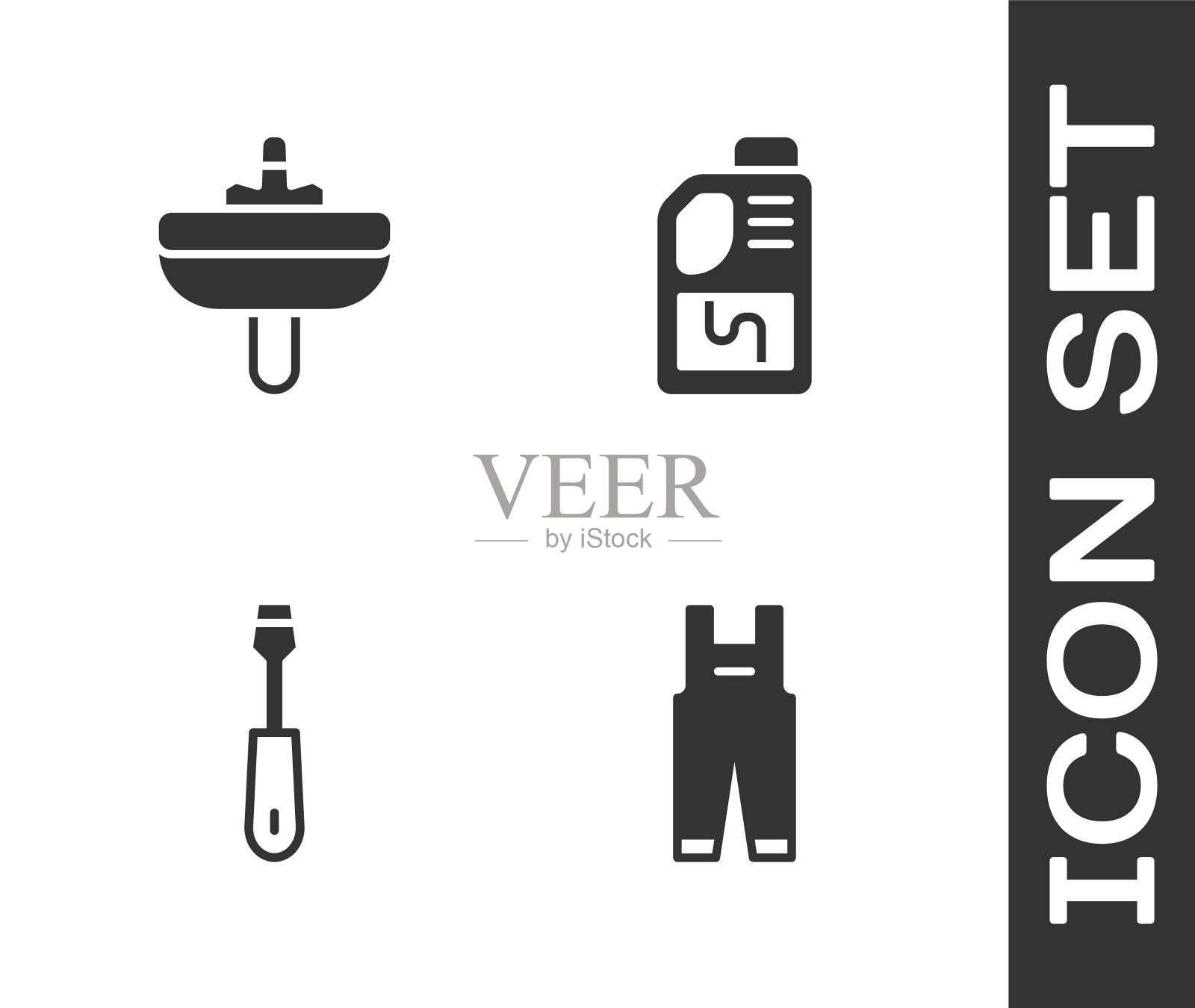 设置工作工作服，脸盆，螺丝刀和下水道清洁剂瓶图标。向量插画图片素材